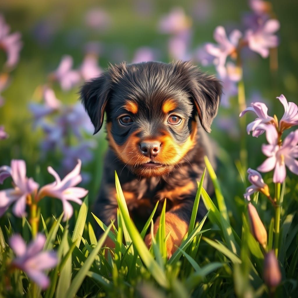 Surreal Lilac Lilys Garden Scene with Curious Baby Rottweile...