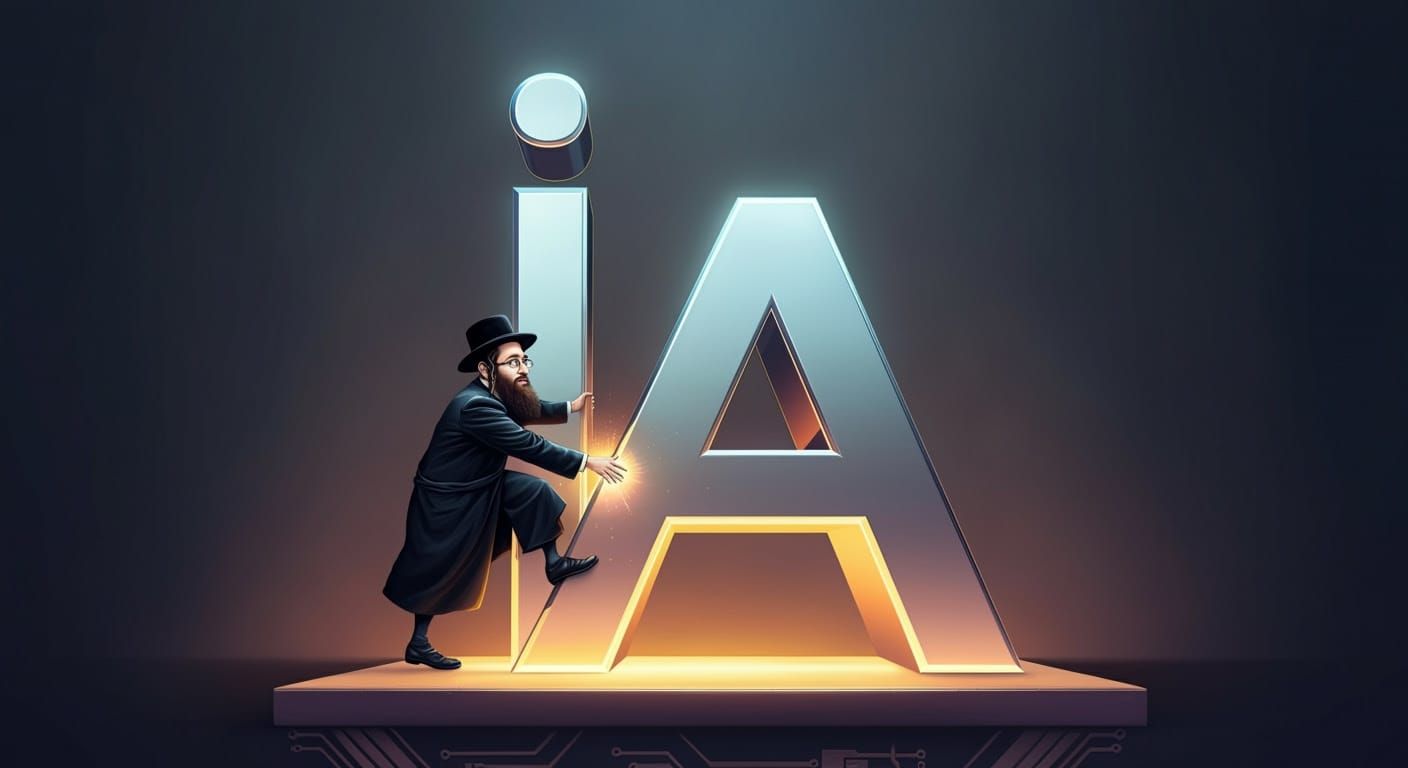 Hasidic Scholar Plays with Giant Metallic Letters