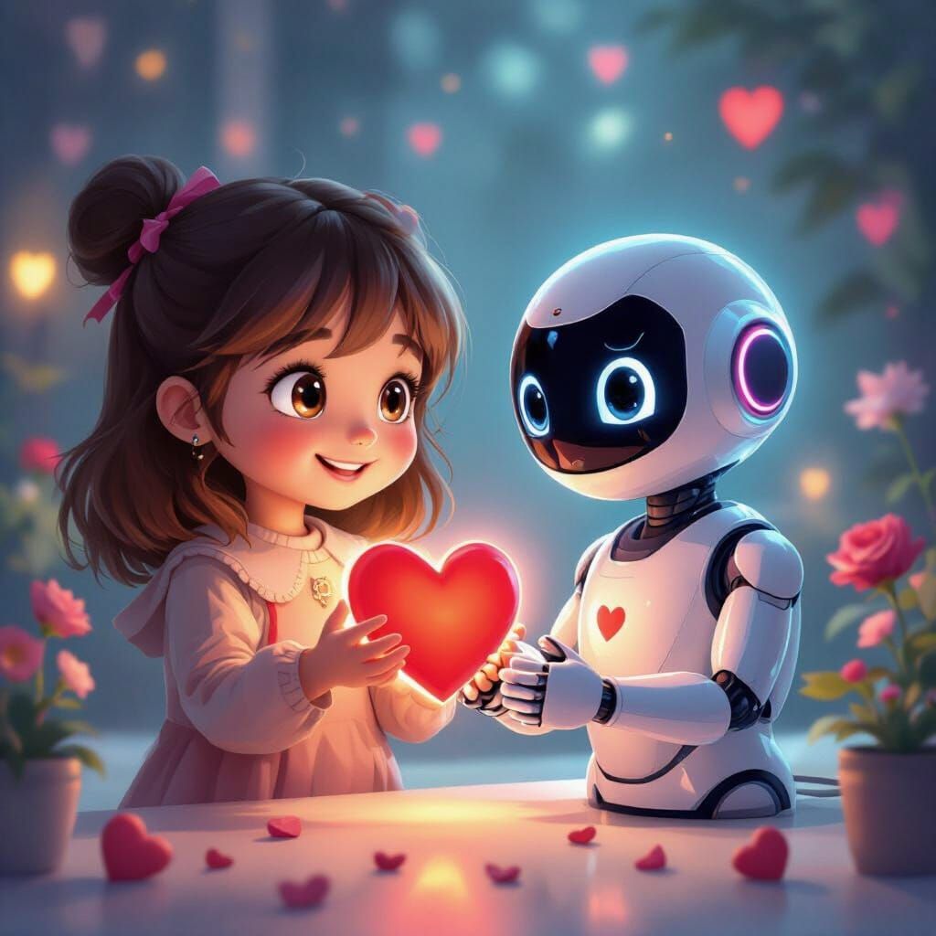 Girl Offers Heart to AI Interface in Digital Illustration St...