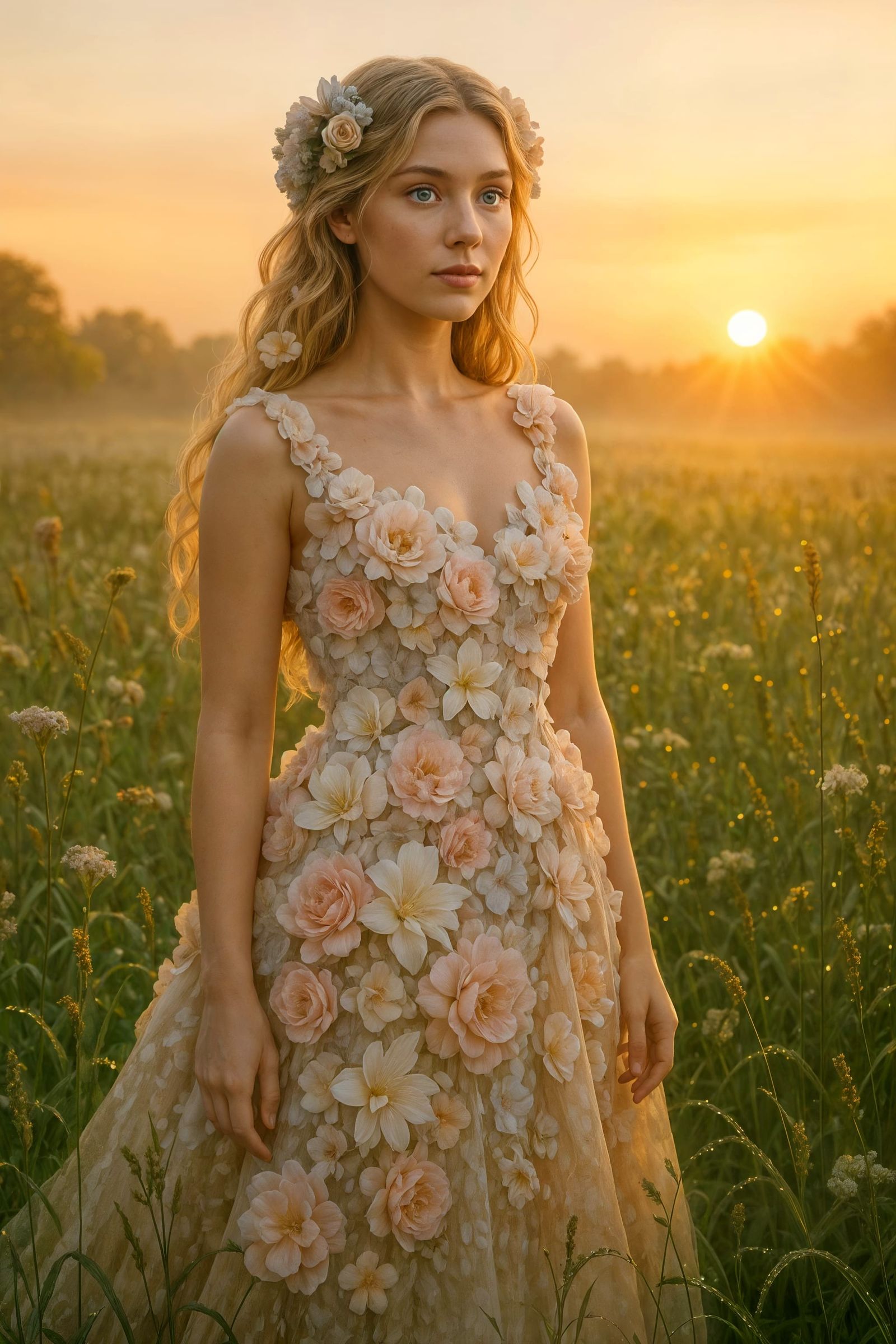 Woman in Floral Gown at Sunrise