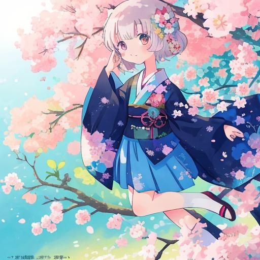 Cherry Blossom Kimono at Summer Festival in Anime Style