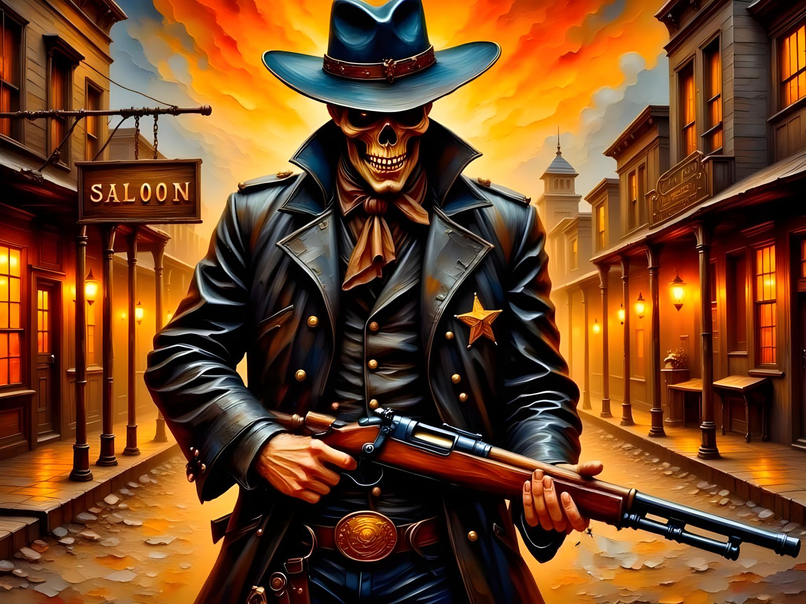 Gritty Undead Sheriff in a Neon-Lit Old West Town