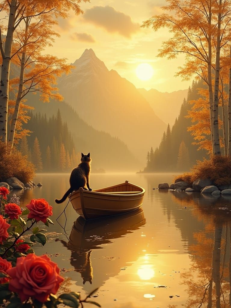 Elegant Gold Cat on Golden Boat at Sunset
