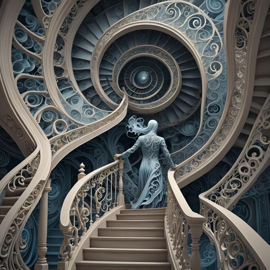Surreal Ghostly Figure Beckons in Fractal Staircase