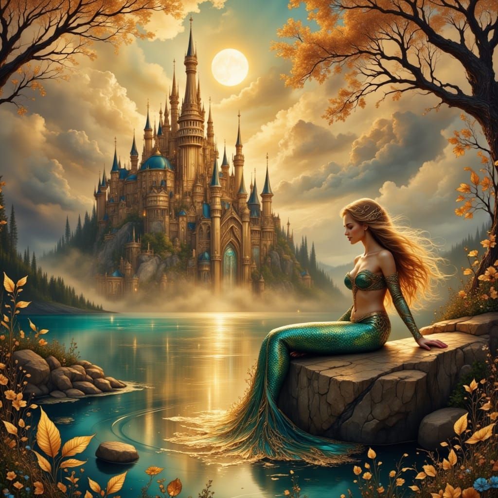 Mermaid on Rock by Castle in Golden Moonlight