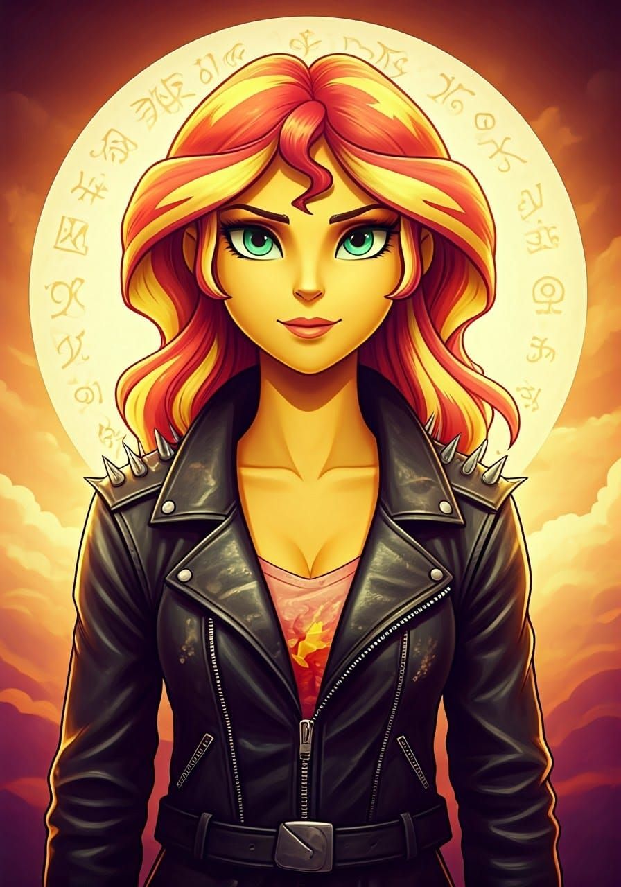 Sunset Shimmer in Leather, Fantasy Art Nouveau Portrait