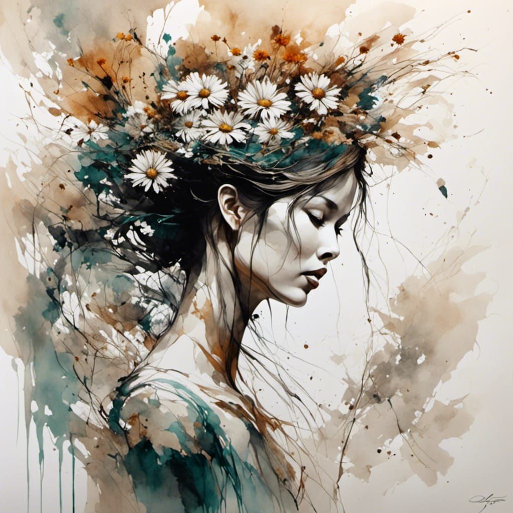 Lady with Daisies in Wet Watercolor Style
