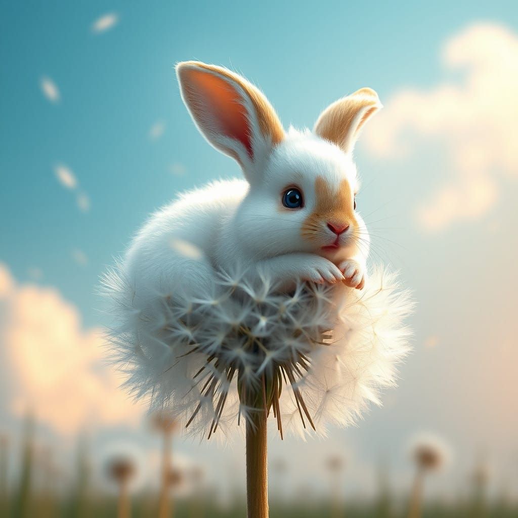 Whimsical Bunny Amidst Delicate Dandelion Blooms in a Fantas...