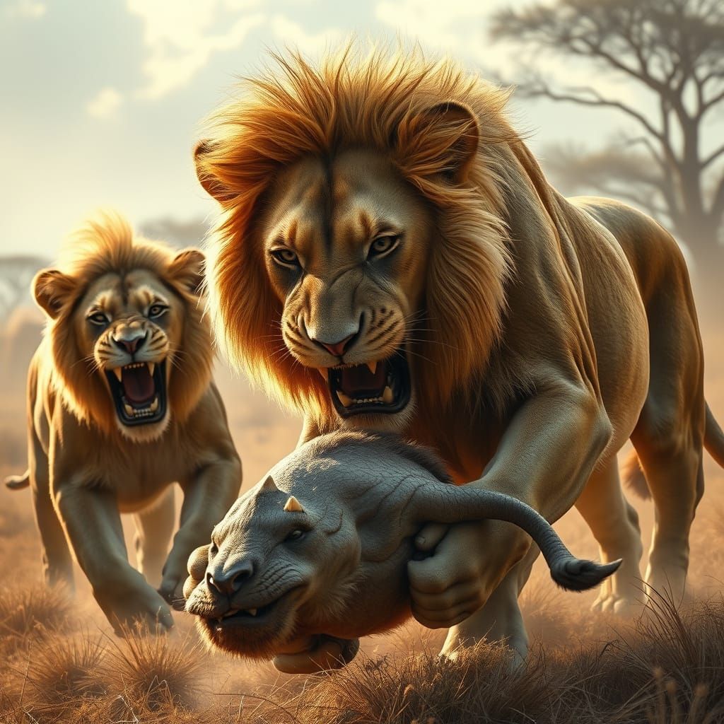 Majestic Lions Seize Prey on Atmospheric Savannah