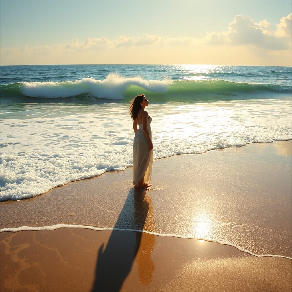 Woman on Shore with Wave in Sunlight