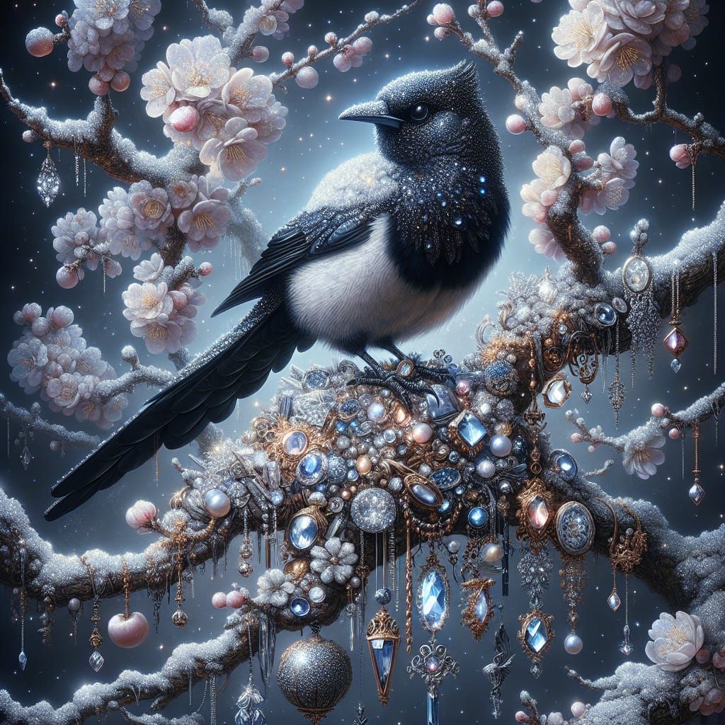 Magpie Hoarding Jewels on Snowy Cherry Branch