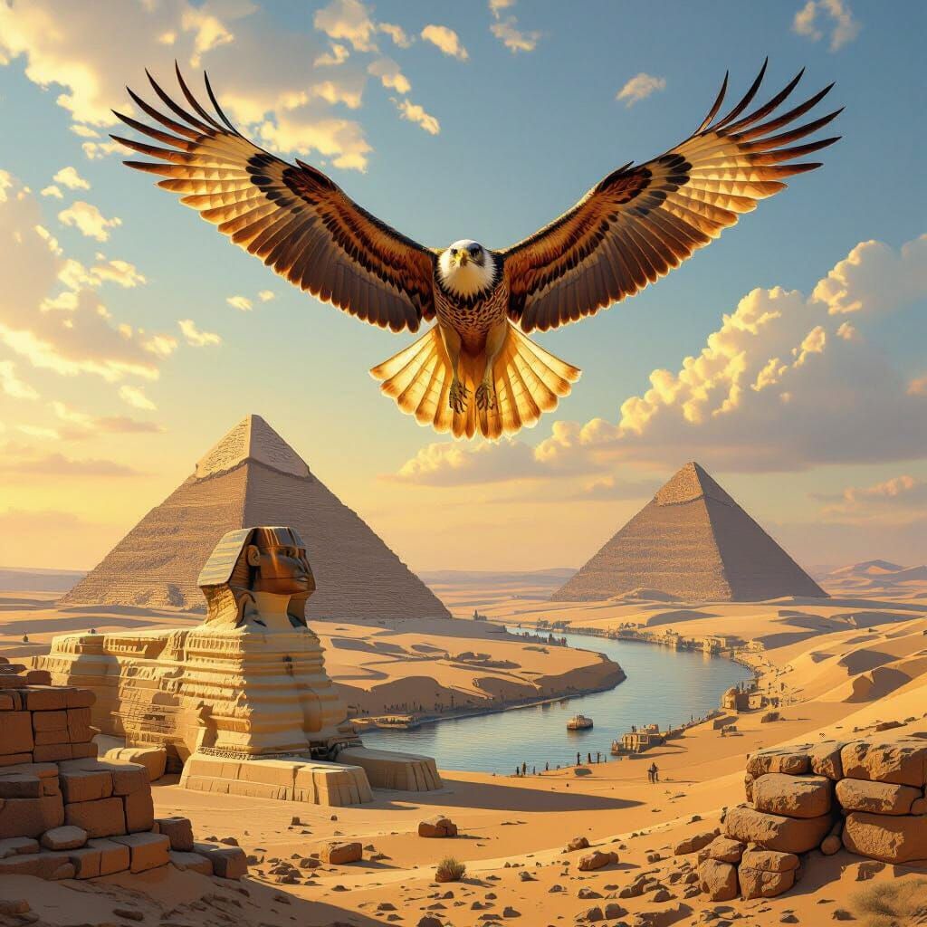 Majestic Hawk Soars Over Giza Pyramids in Golden Light