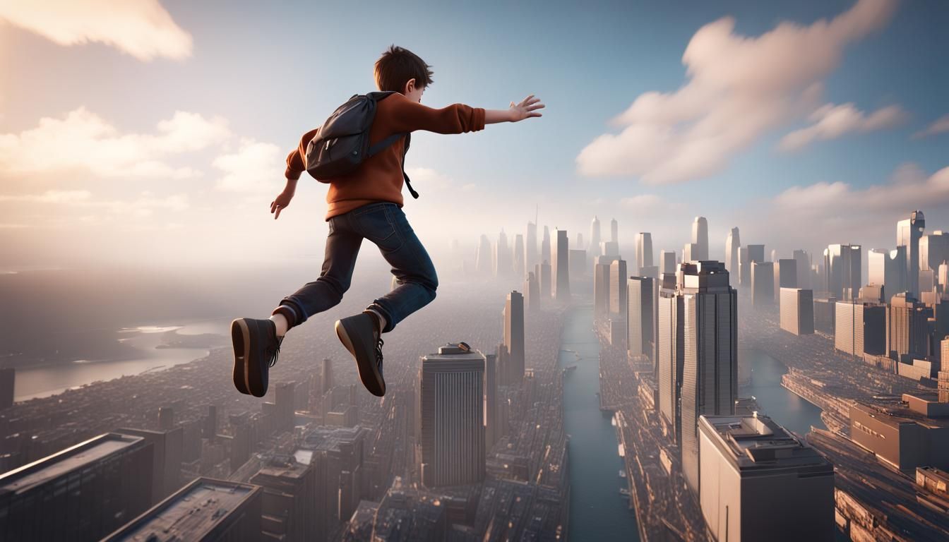 Boy's Skyward Leap: 3D Game Cinematic