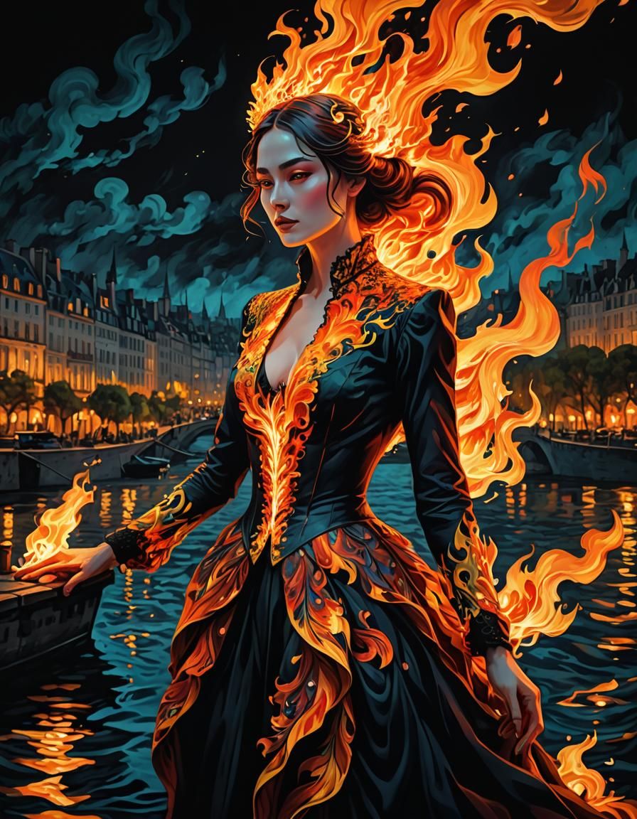 Fiery Woman Emerges from River Seine as Digital Art