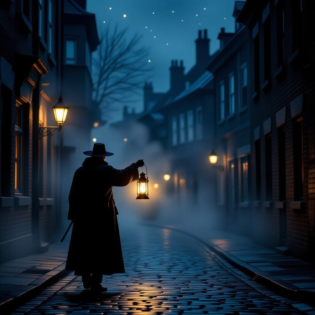 Nightwatchman with Lantern in Misty Street