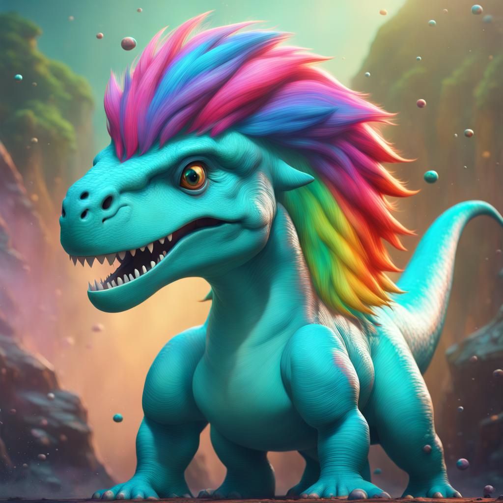 Rainbow-Haired Turquoise Dinosaur, Hyperrealistic Concept Ar...