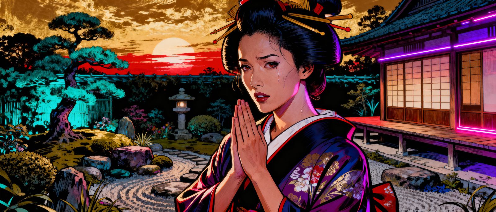 Geisha Retirement Ceremony in Vibrant Neon Sunset