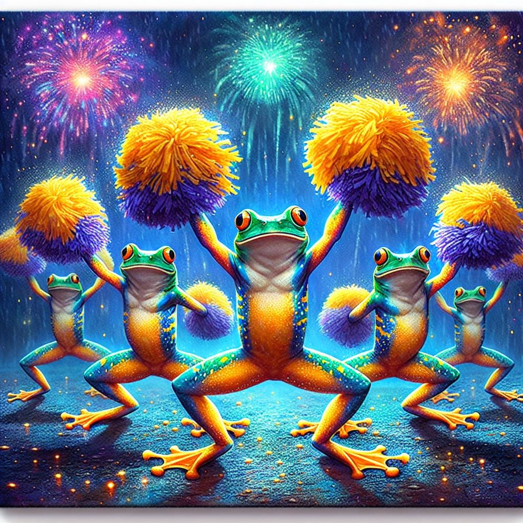 Whimsical Cheerleading Frogs Under a Night Sky