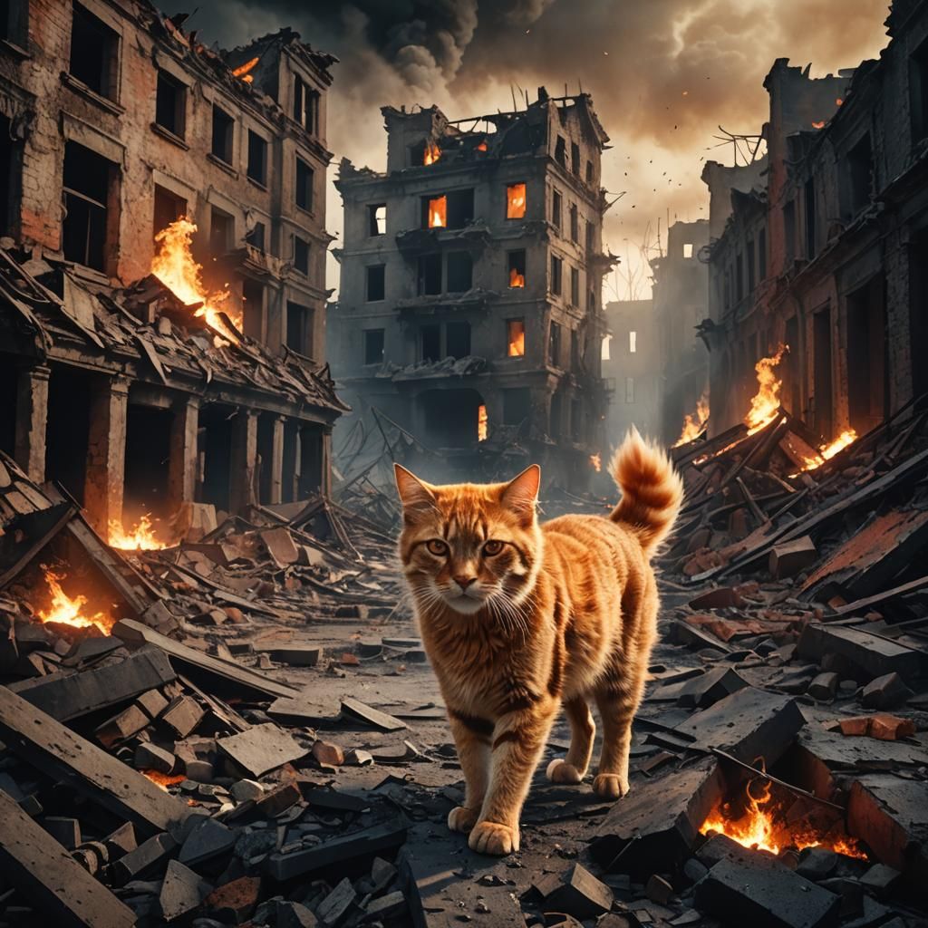 Orange Tabby Cat in Dark Fantasy Ruins