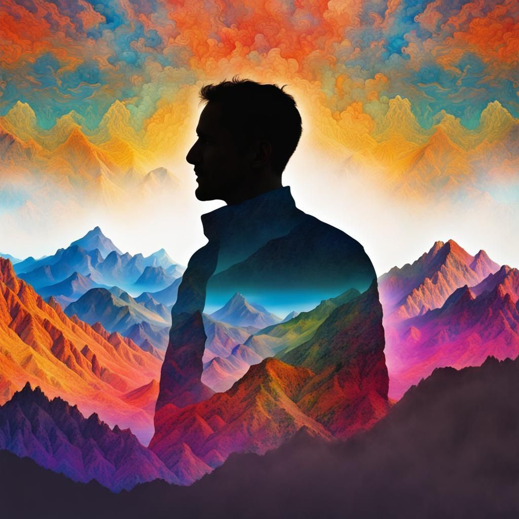 Colorful Mountain Double Exposure Silhouette Portrait