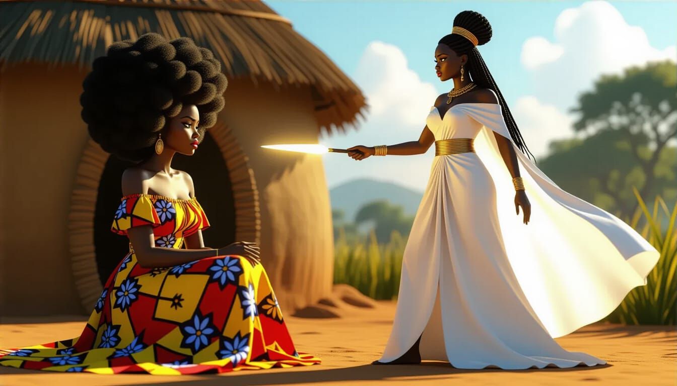 African Woman in Ankara Dress Confronted by Goddess