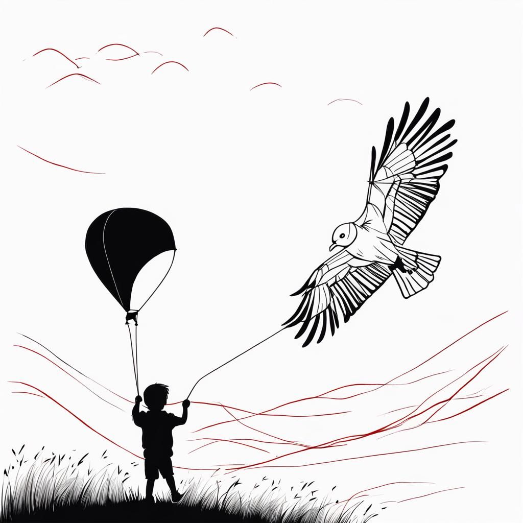 Boy Flying Red Kite: Minimalist Line Art