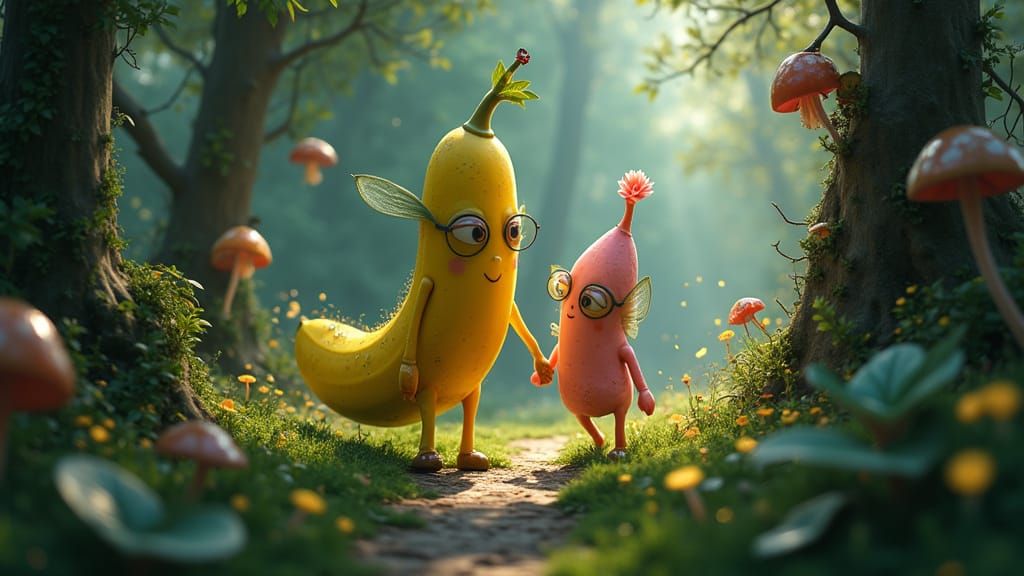 Whimsical Lady Banana and Guava in Enchanted Mushroom Forest
