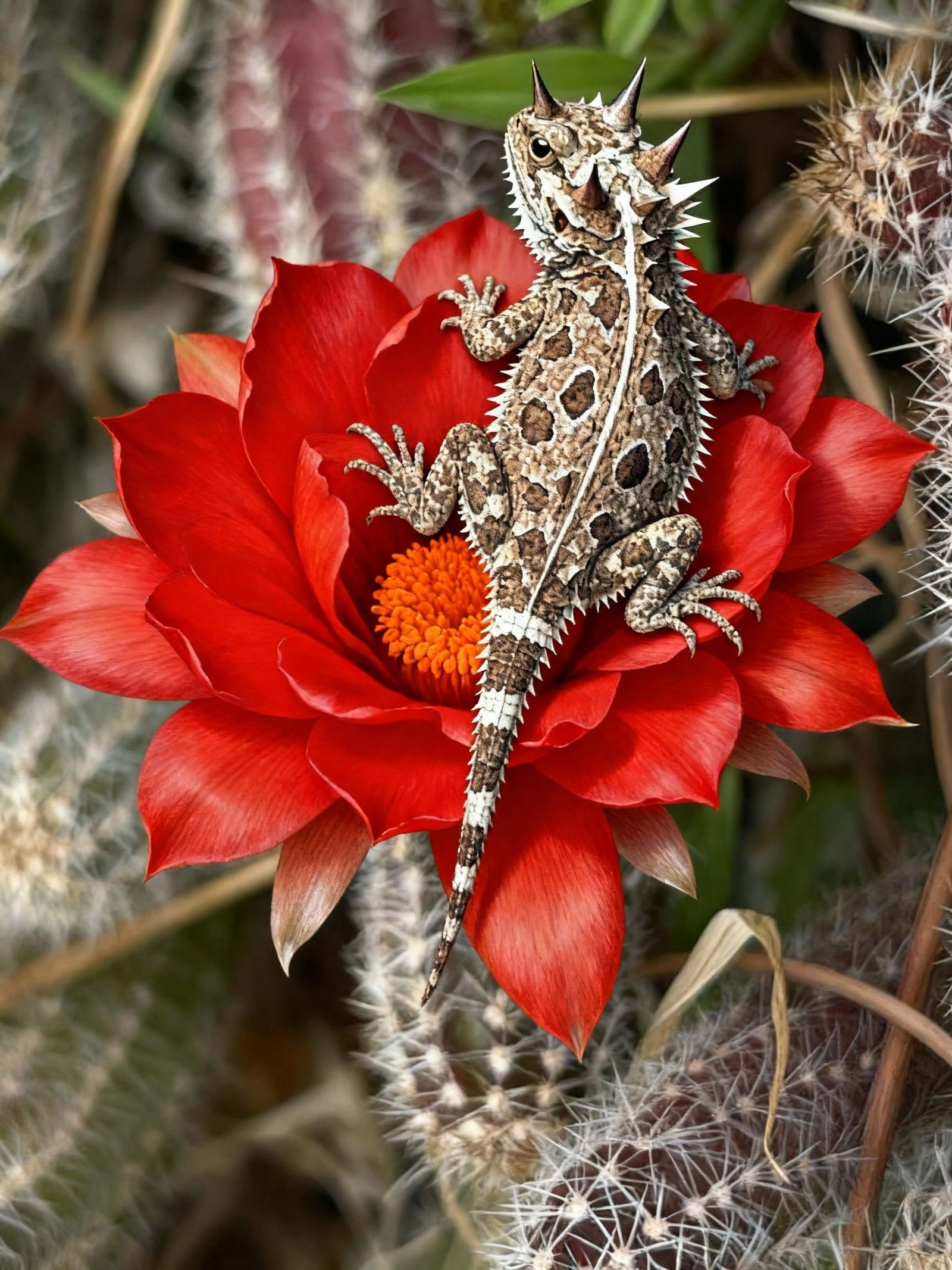 Photorealistic Horned Lizard on Red Cactus Flower
