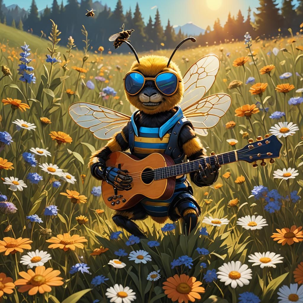 Bee Plays Guitar in Sunny Meadow, as Digital Art