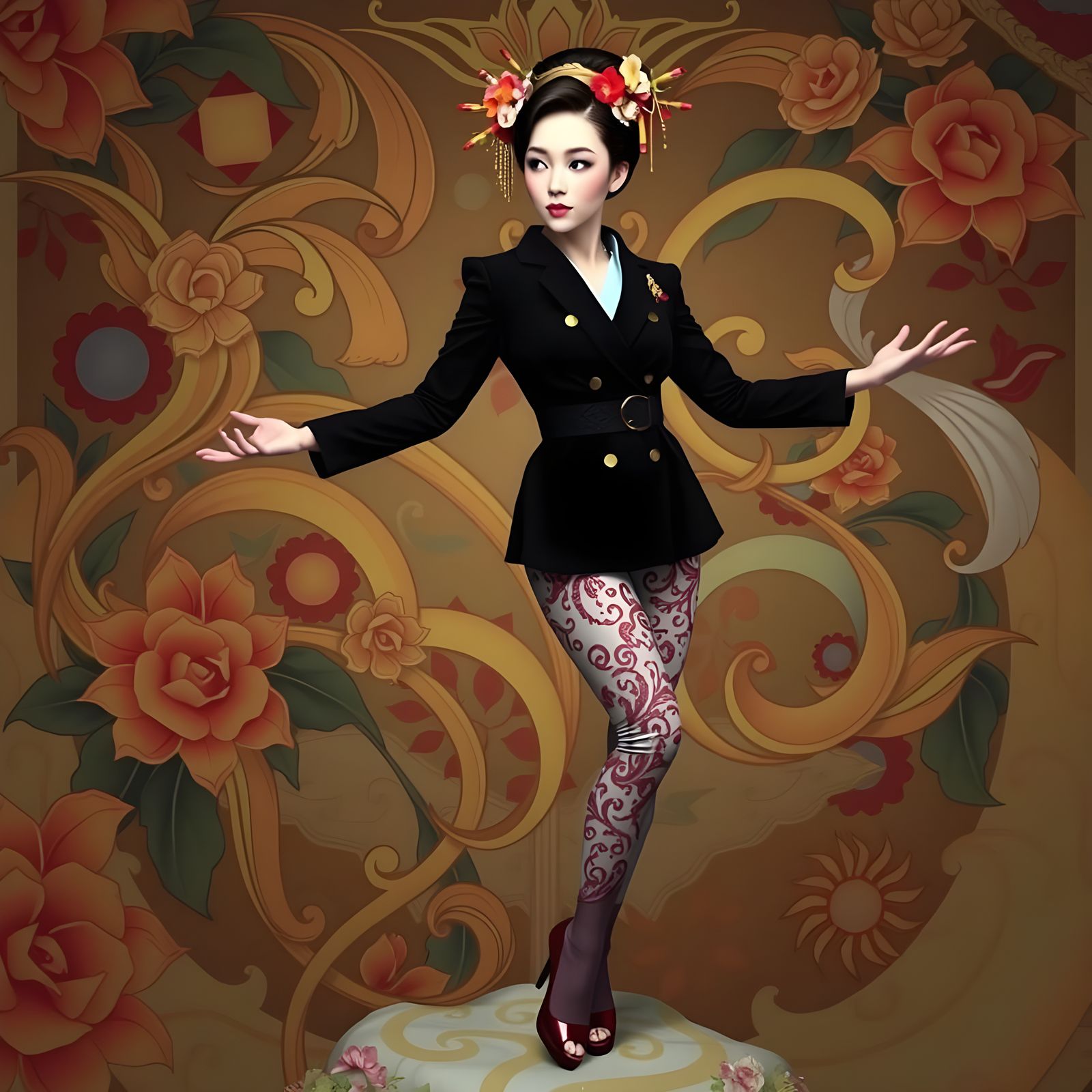 Elegant Geisha in Art Nouveau Splendor