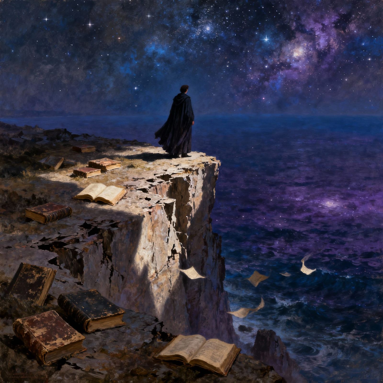 Solitary Figure Overlooks Cosmic Ocean Amidst Forgotten Book...