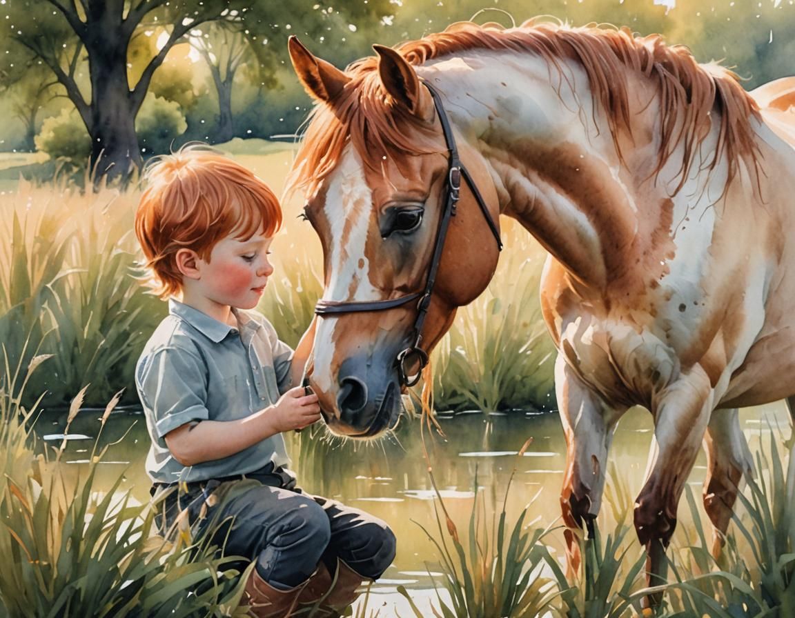 Redhead Boy and Horse: Whimsical Watercolor Illustration