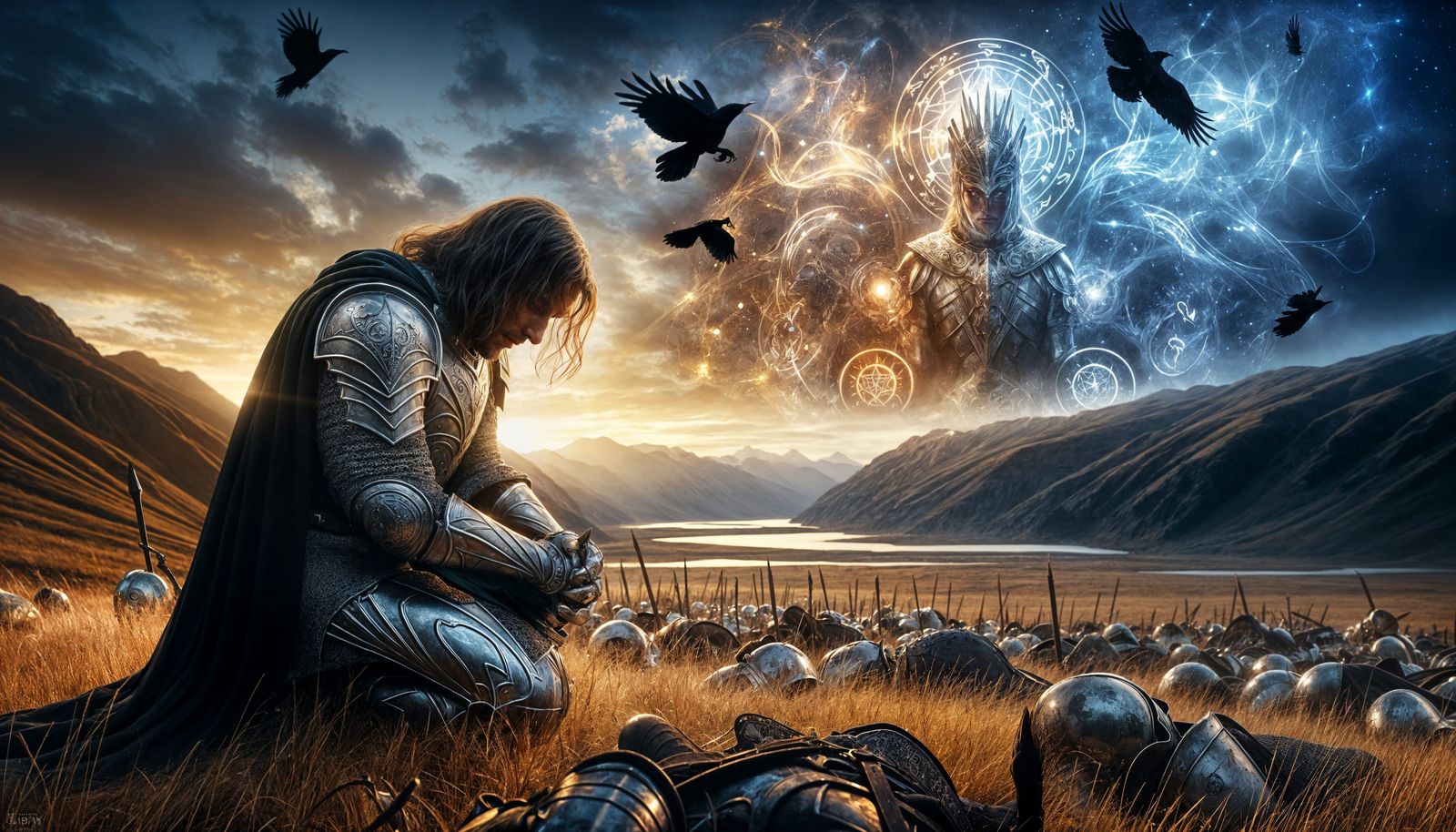 Medieval Knight Mourning in a Surreal Landscape