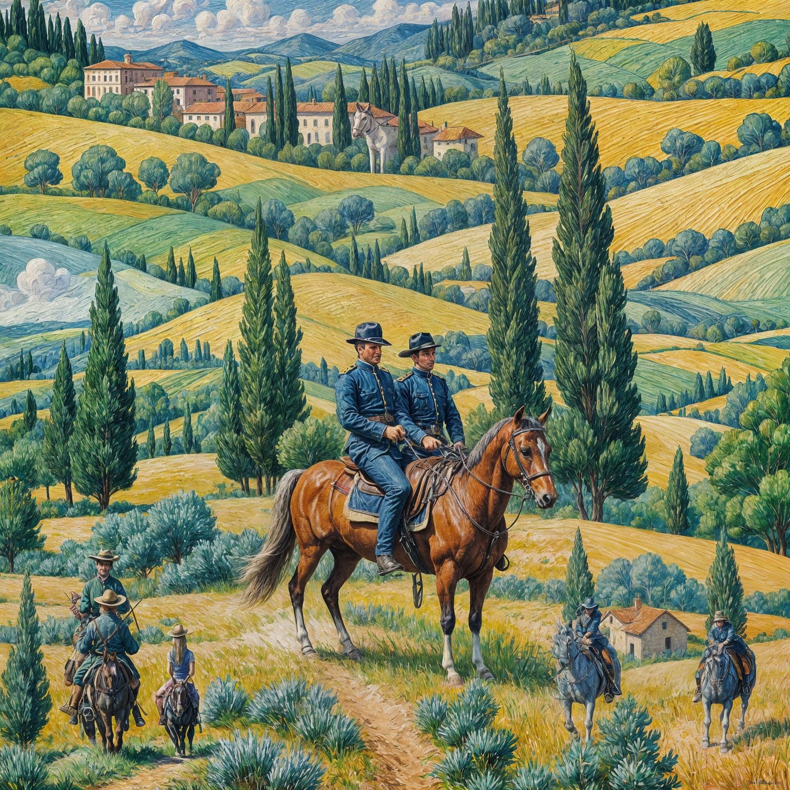Italian Financial Police on Horseback, Expressionist Oil Pai...