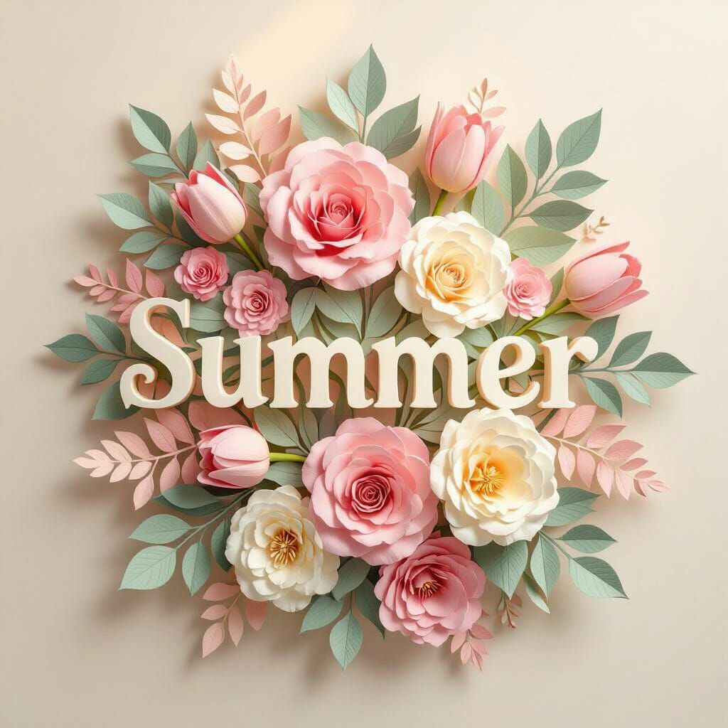 Pastel Floral Arrangement with 3D Text, in Watercolor Style