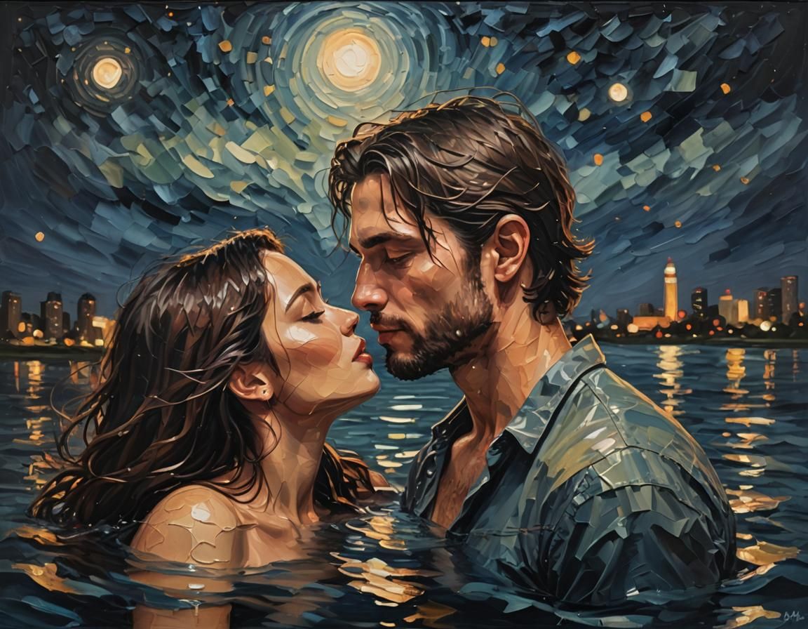 Romantic Kiss at Night in Impasto Portrait