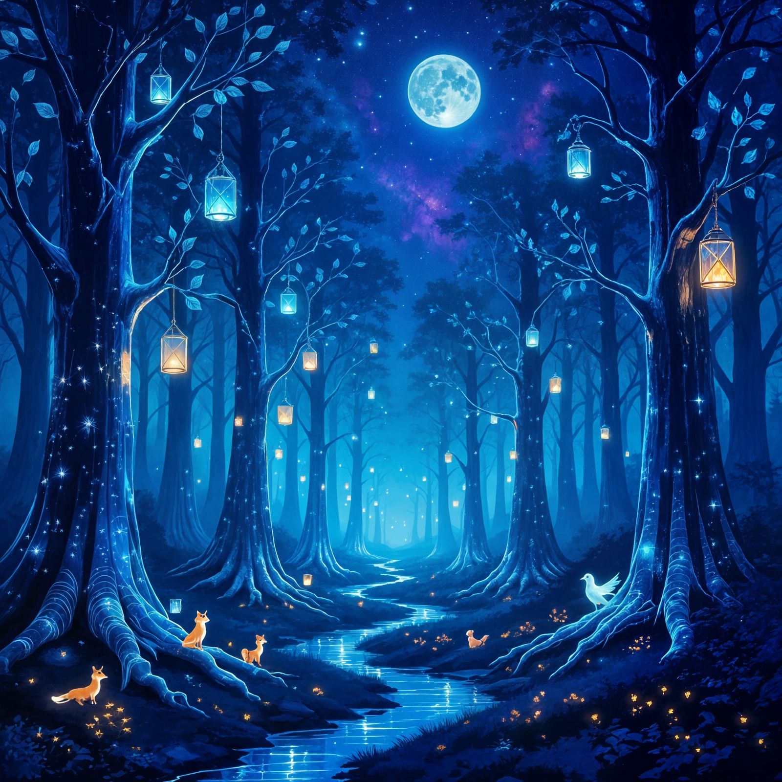 Cosmic Glass Forest Under Eternal Night Sky