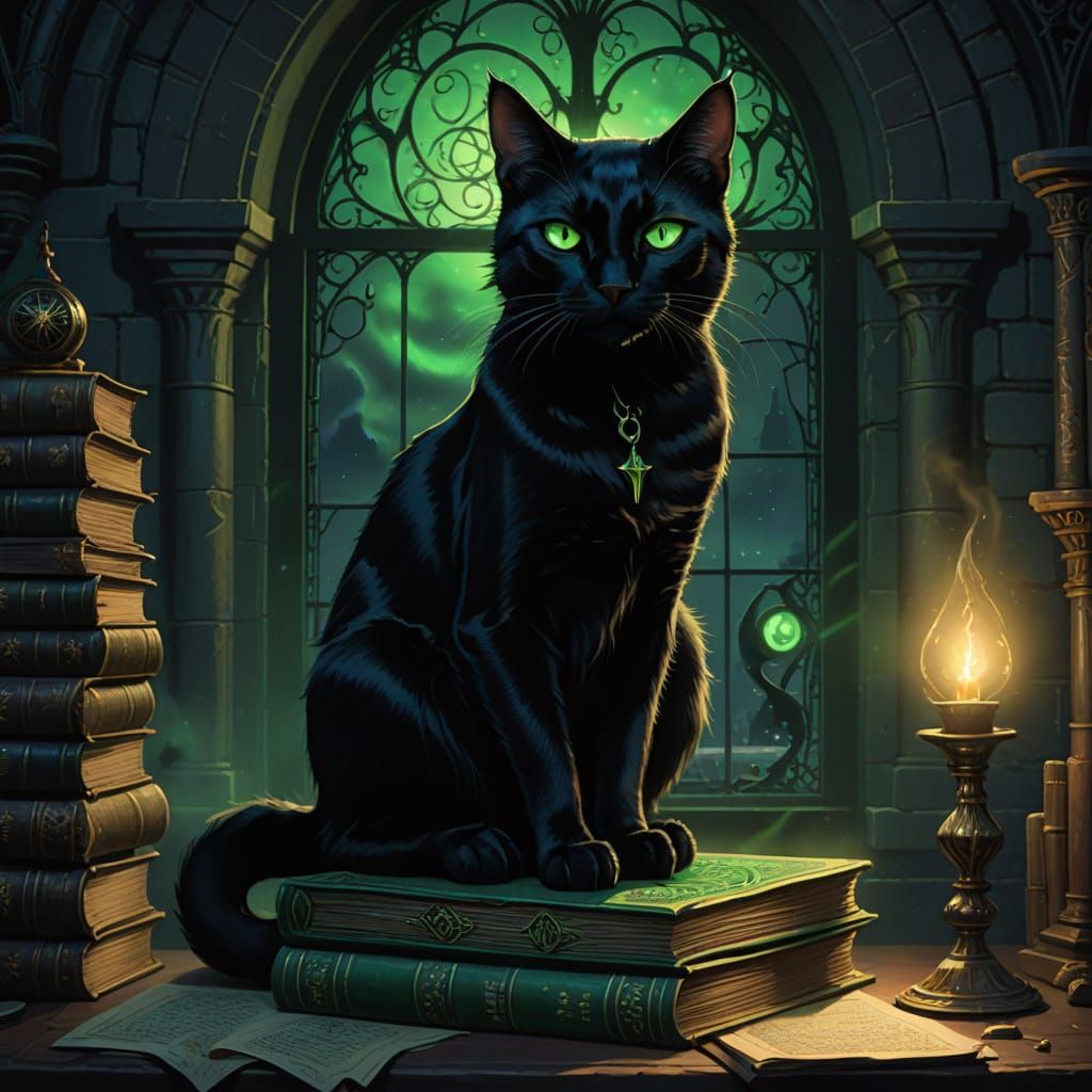 Mystical Black Cat Familiar on Grimoires