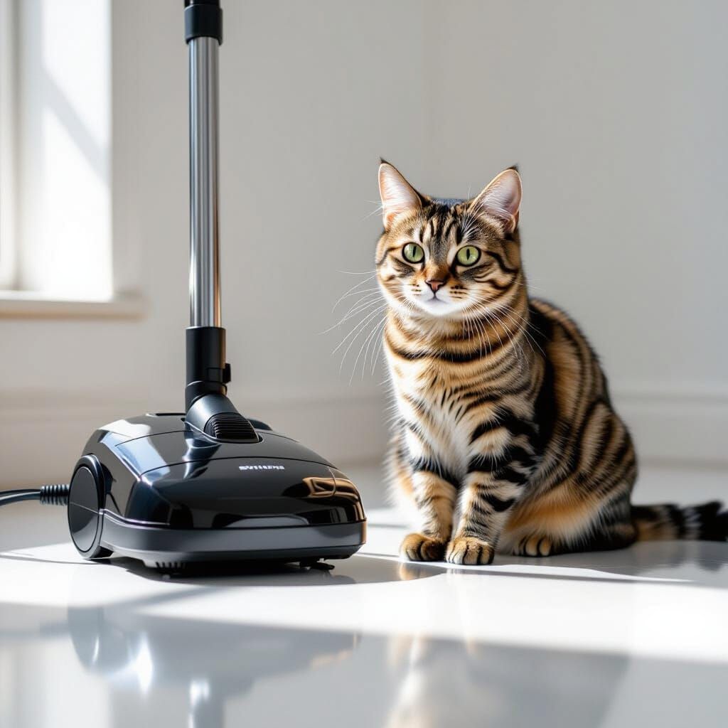 Tabby Kitten Beside Black Vacuum, Volumetric Lighting Precis...