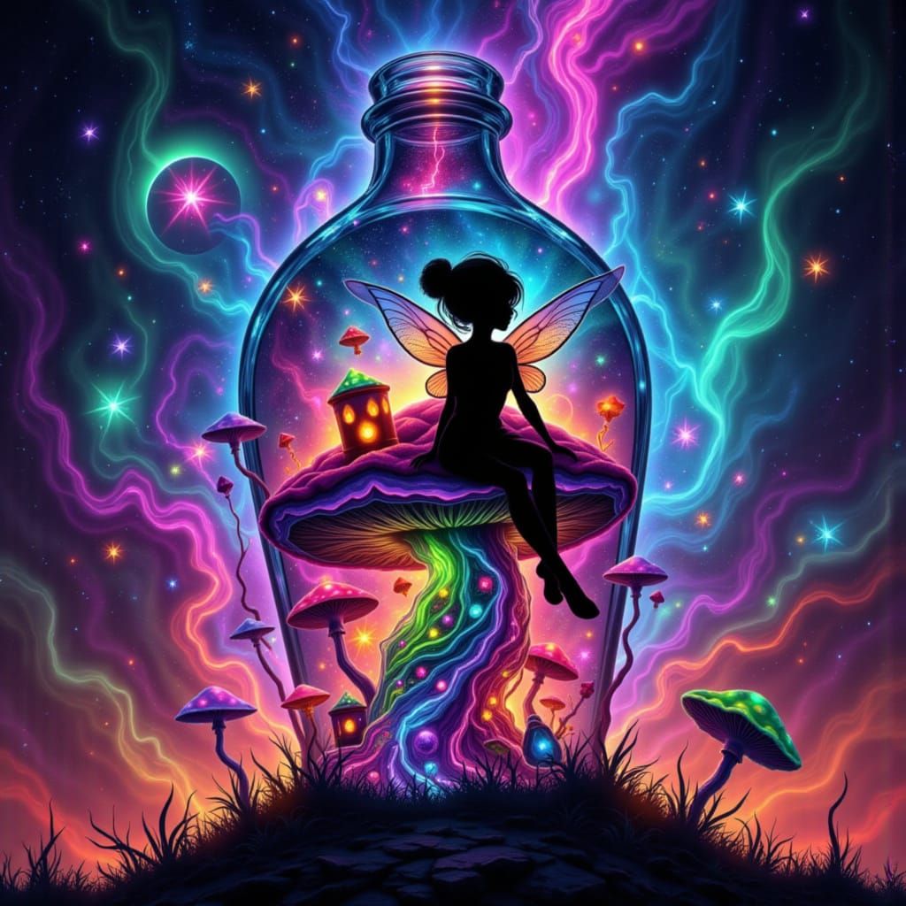 Tinkerbell on Mushroom Bottle in Psychedelic Geode Style