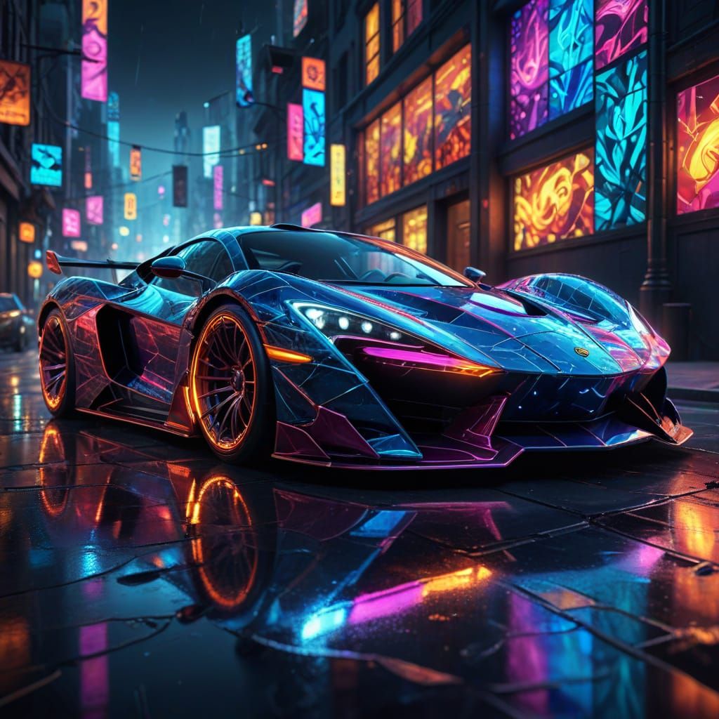 Stained Glass Supercar in Futuristic Neon Light