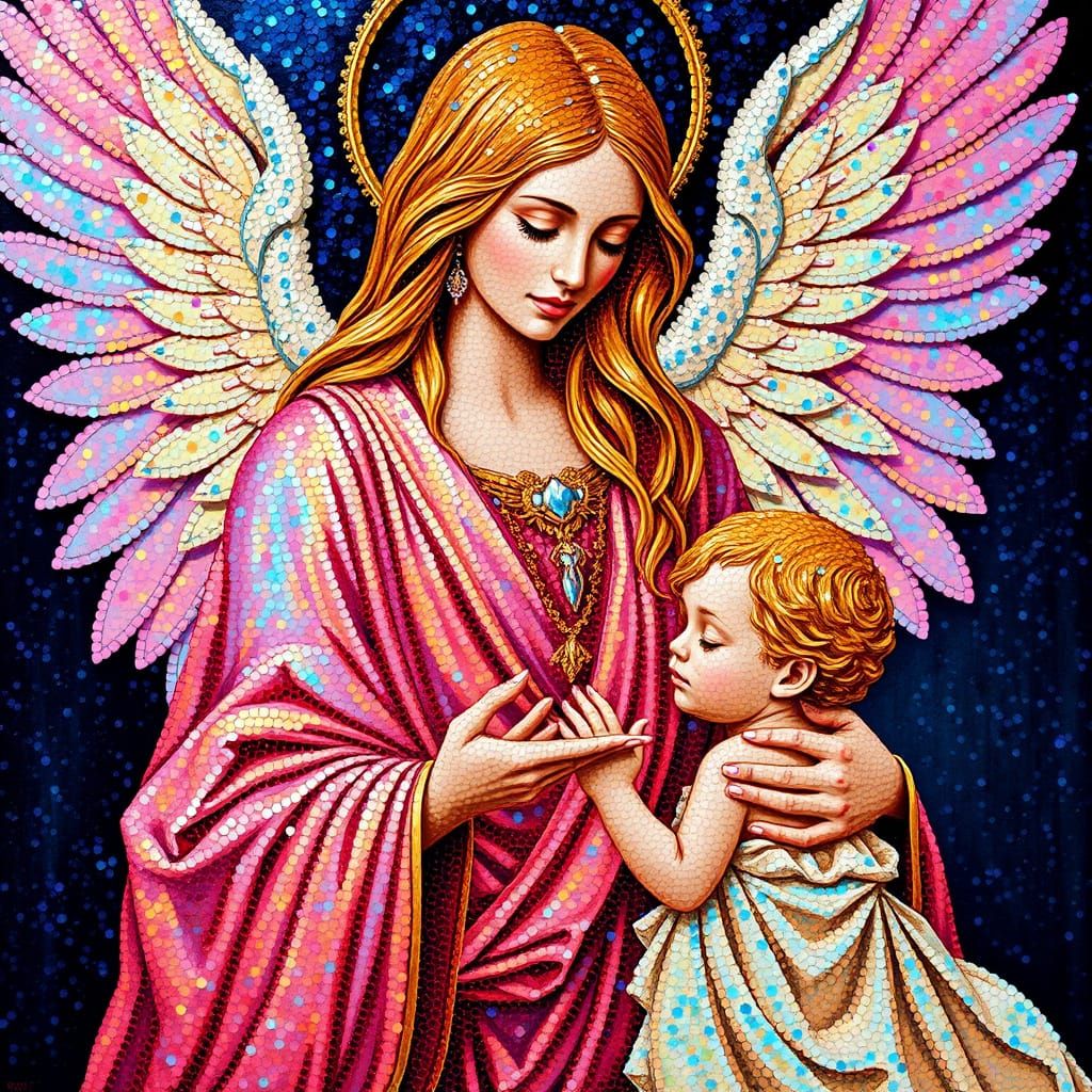 Surreal Goddess of Maternal Devotion in Iridescent Sequins