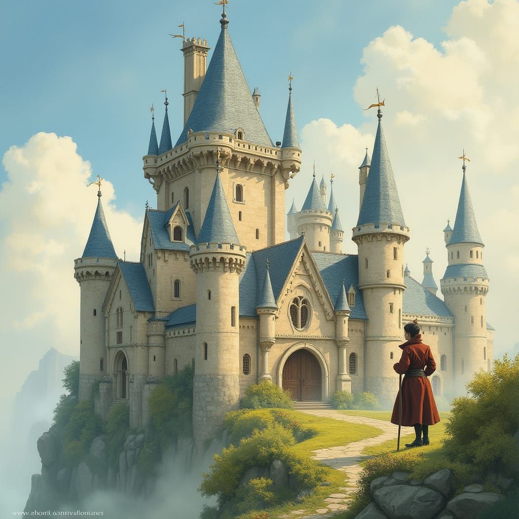 Fairytale Castle Watercolor Painting with Romantic Landscape
