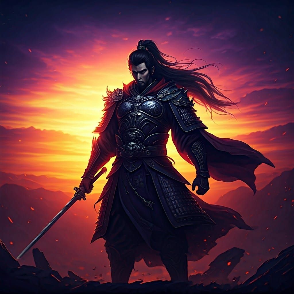Chinese Warrior Silhouette Against a Vibrant Sunset