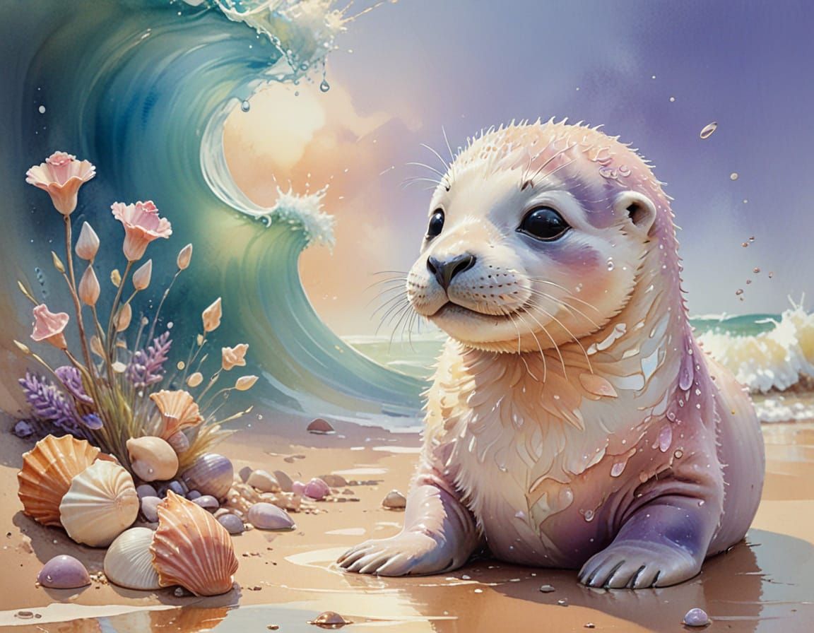 Pastel Baby Seal on Shoreline in Watercolour Style
