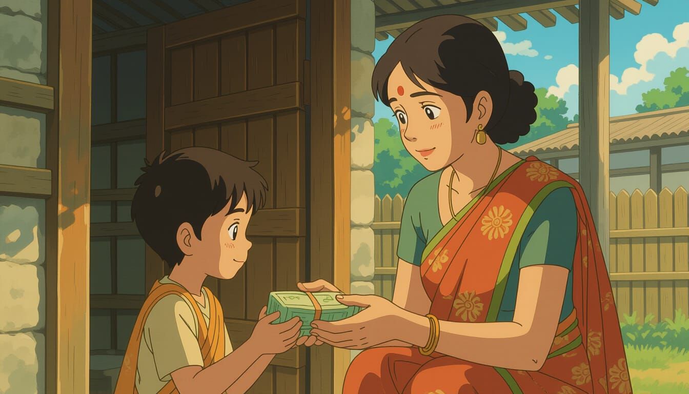 Mother Receives Money in Humble Home, Ghibli Style Art