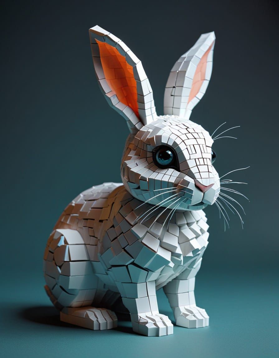 Cube Rabbit Sculpture in Geometric Style