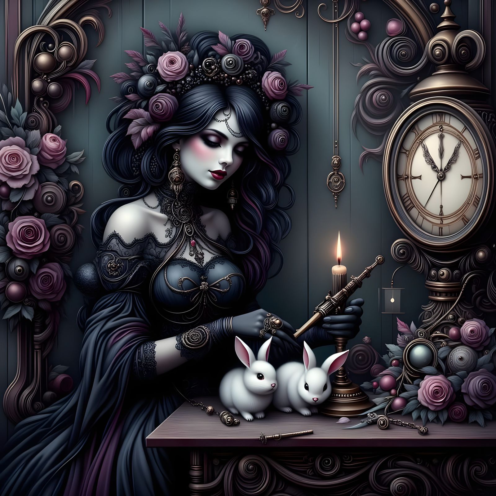 Dark Gothic Steampunk Tinkerer with Clockwork Bunny