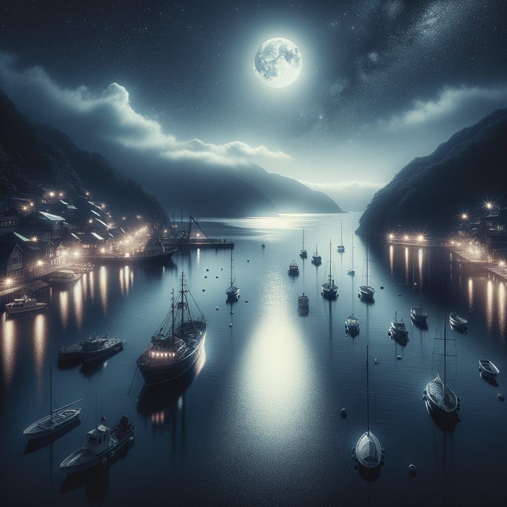 Moonlit Harbour Scene with Calm Waters and Distant Lights