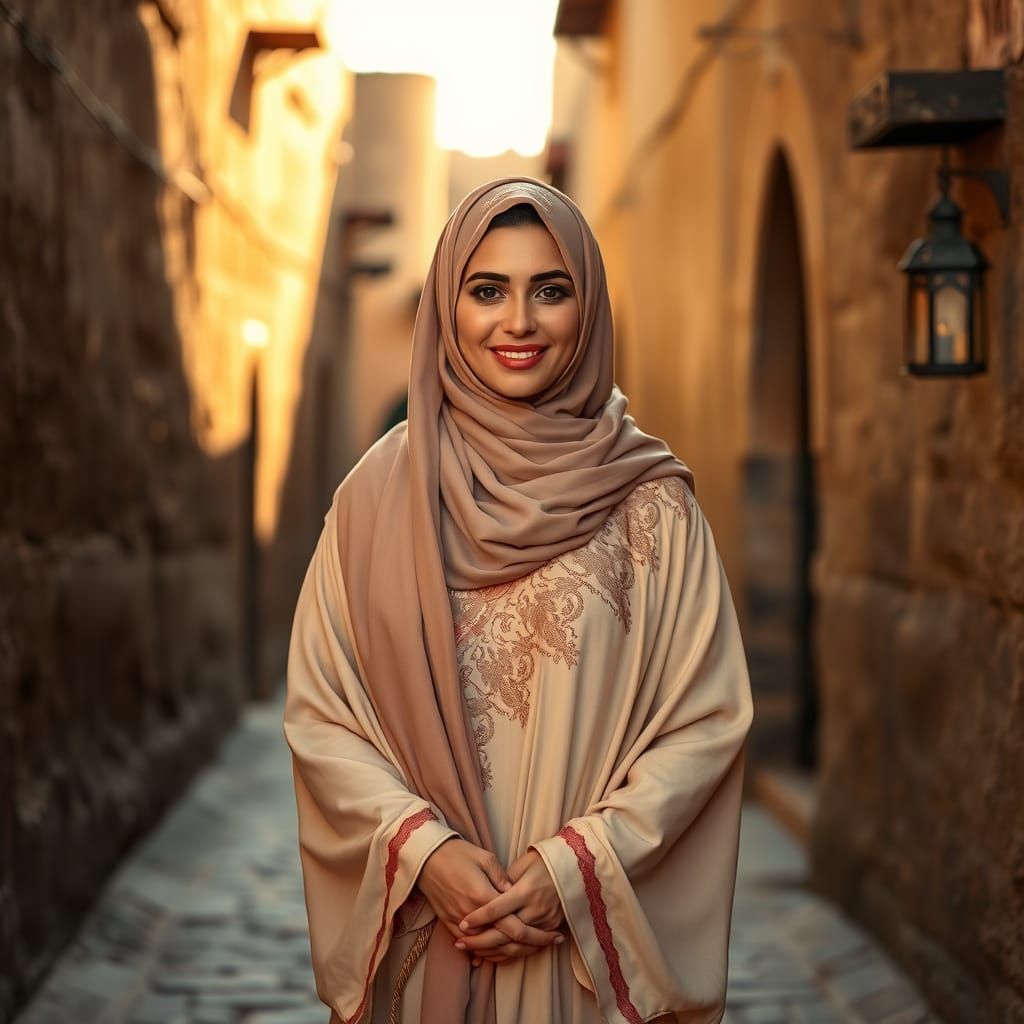 Serene Woman in Arabic Alleyway at Golden Hour